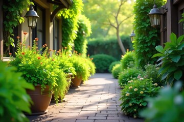 Fototapeta premium Lush Green Foliage Overflowing from Planters Lines Charming Walkway, Creating a Vibrant and Natural Ambiance Perfect for Garden and Outdoor Design Projects