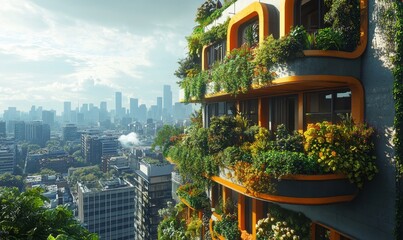 Eco-friendly futuristic cityscape showcasing a verdant urban garden balcony and lush green rooftops, embodying sustainability and community well-being in a modern urban setting, Generative AI