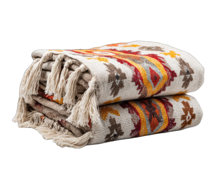 Folded, patterned throw blanket with tassels