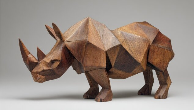 Geometric wooden rhino sculpture,faceted design