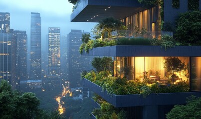 Eco-friendly futuristic cityscape showcasing a verdant urban garden balcony and lush green rooftops, embodying sustainability and community well-being in a modern urban setting, Generative AI