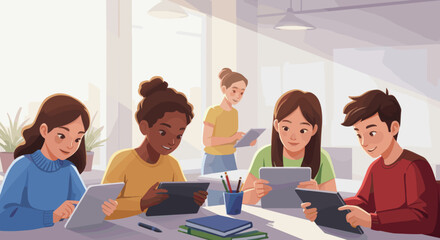 Students Use Digital Tablets in Modern Classroom