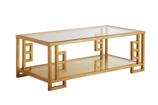 Gold-toned coffee table with glass top and Greek key design - Powered by Adobe