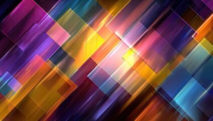 Abstract art with vibrant, diagonal, translucent rectangles and glowing light effects