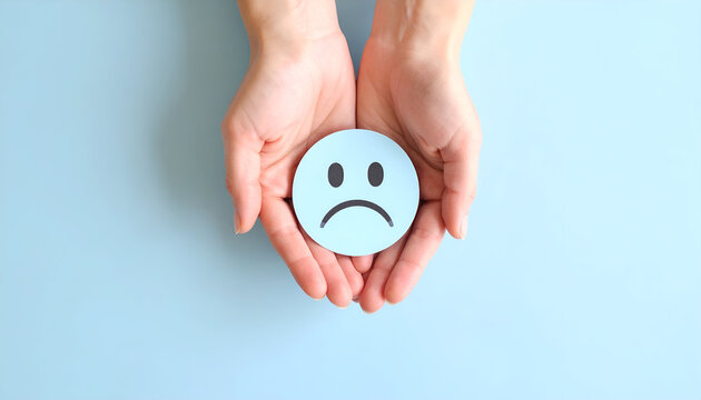 Sad face in hands with blue background.