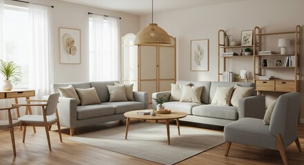 A cozy living room with gray sofas wooden furniture a round coffee table and a woven pendant light