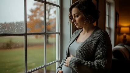 Pregnant woman looks out window on rainy day, motherhood anticipation. Family planning, prenatal care, emotional wellness, pregnancy journey, maternity lifestyle content, for parenting resources.