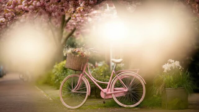 A pink bicycle with a basket of flowers sits on a brick path under blooming trees, a pot of white flowers stands beside
