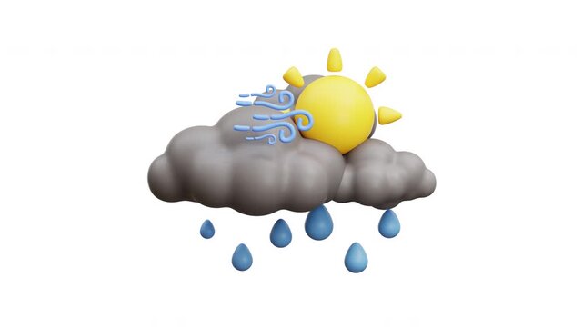 3D Animation Weather icon rainy windy sunny day. Perfect for weather apps