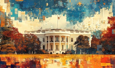 Artistic collage interpretation of the White House, symbolizing the U.S. government, its history, and political power, through creative and conceptual design, Generative AI