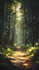 Obraz premium Mystic Forest with Sunlight Rays Through Tall Trees and Misty Atmosphere Background,generative ai