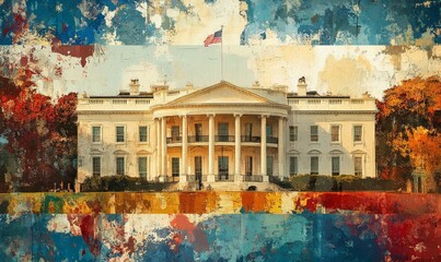 Artistic collage interpretation of the White House, symbolizing the U.S. government, its history, and political power, through creative and conceptual design, Generative AI