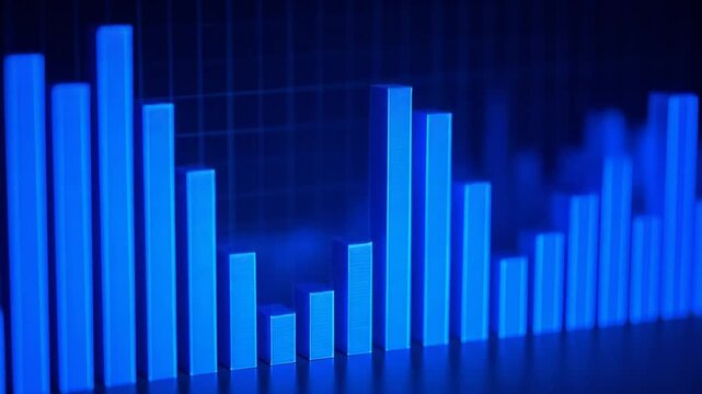 Ascending/descending blue bar chart on a grid, diminishing depth of field