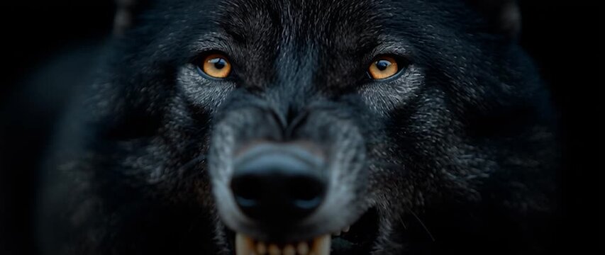 Anamorphic video powerful and intense close-up of a black wolf snarling, revealing its sharp fangs.