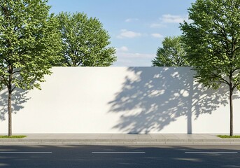 Fototapeta premium road in the forest, Empty white hoarding stands on city street. Green trees border structure. Sunny day on urban roadside. Blank billboard with mock-up area. Ideal for advertising. Modern urban scene.