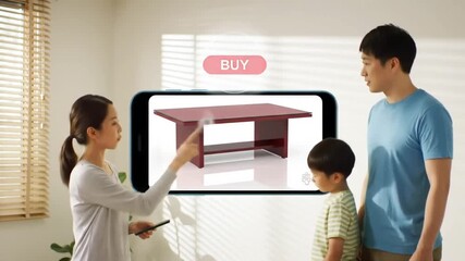 An Asian family uses augmented reality on a smartphone to visualize, customize, and buy a new table together in their home - Powered by Adobe