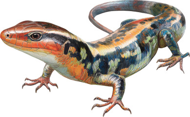 Obraz premium Vibrant multi-colored skink lizard with intricate patterns detailed close-up Watercolor PNG