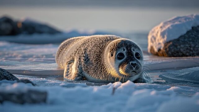 Cute Baby Baikal Seal on Ice