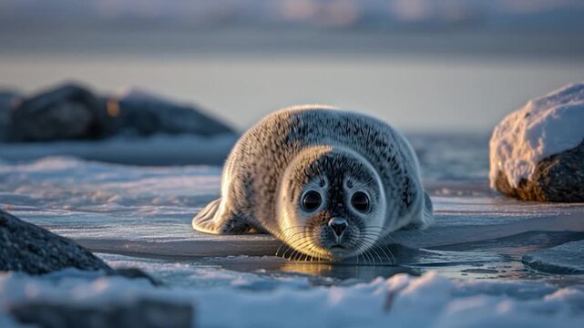 Cute Baby Baikal Seal on Ice
