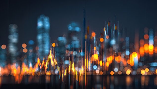Night city skyline with abstract data visualization overlay - Powered by Adobe