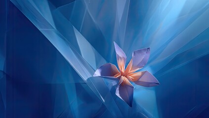 Folded origami flower in blue fabric backdrop