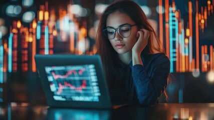 A focused woman with glasses on a laptop, illuminated by electronic graphics. - Powered by Adobe