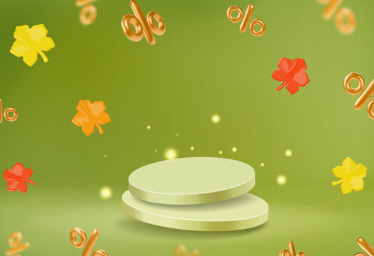 Autumn Display Podium Background with Autumn leaves and empty stage. Minimal decoration podium pedestal product display. Background or banner template for the design of Autumn and Fall Banners