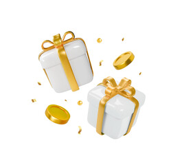 3d white gift box with gold ribbon and flying gold coins. Bonus icon. Present surprise. You win prize. Vector illustration on isolated background.