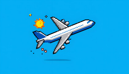 Pixel Art Airplane Sunny Sky Flight.