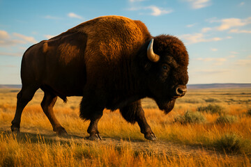 American bison walking across dry prairie grassland under blue sky