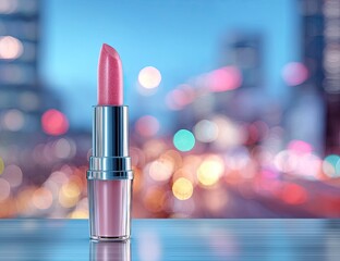 Pink lipstick, city lights background, night scene, product display