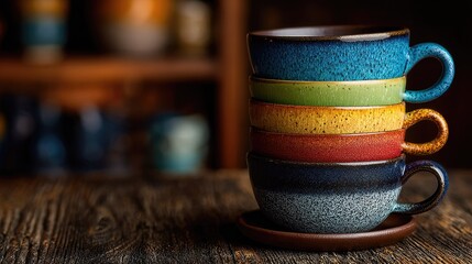Stacked colorful ceramic mugs on wooden surface