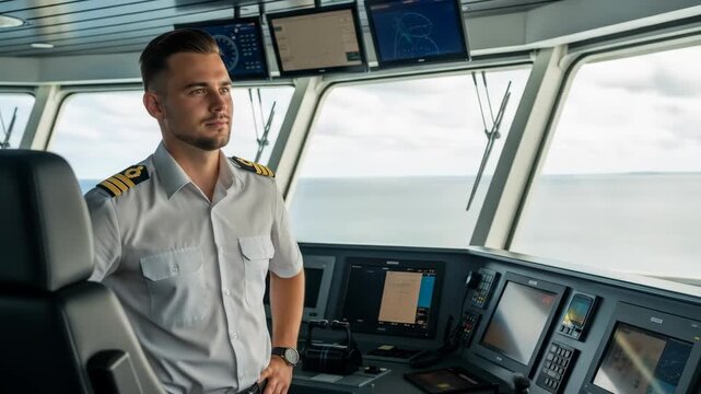 Ship Captain Confidently Navigating the Open Sea, Ship's Officer on Duty Overseeing the Vessel's Course with Modern Navigation Equipment