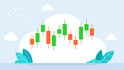 Obraz premium Candlestick chart for trading, stock exchange and crypto price analysis. Stock exchange. Candle graph chart green and red on white background. Japanese candlestick chart. Vector illustration