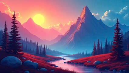 A serene mountain landscape bathed in vibrant sunset hues, featuring a tranquil river winding through a valley dotted with pine trees and large rocks.
