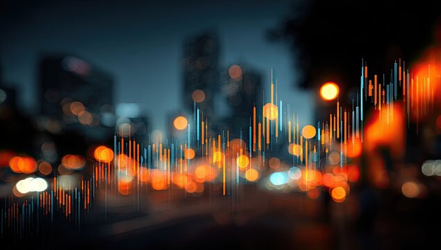 Night city, financial data overlay, urban background, growing trends