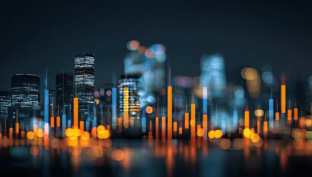 Night city skyline with financial data overlay