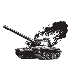 Fototapeta premium Burning tank war machine illustration black and white combat vehicle military design