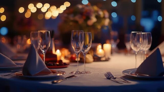 A table with a white tablecloth and a candle on it. There are four wine glasses and four forks on the table