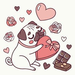 Cheerful Pug with hugging a pillow, set in a charming Valentine theme – Valentine Blush color vector art