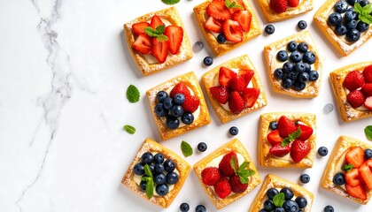 Assorted Berry Cream Cheese Puff Pastries on White Marble Background, Top-Down View