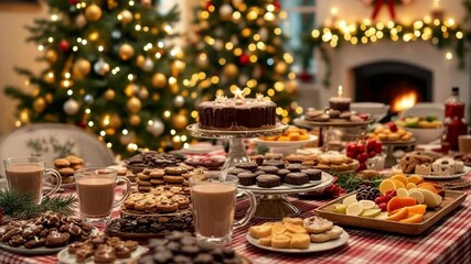 Christmas table spread with festive treats, steaming beverages, evoking cozy holiday spirit and seasonal warmth for family gathering