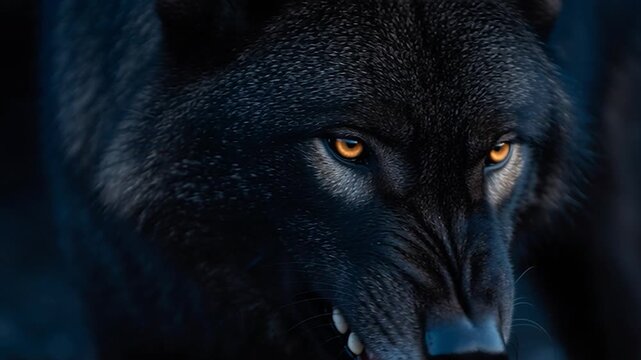 Powerful and intense close-up of a black wolf snarling, revealing its sharp fangs. 