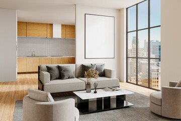 Contemporary Living Room with Poster Frame on Wall and Large Windows – Modern Sofa and Coffee Table Interior Mockup