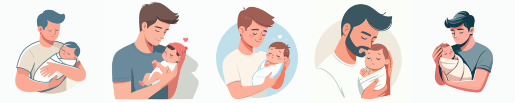 Cartoon Style Father and Baby Moment Illustration Icons Set Collection
