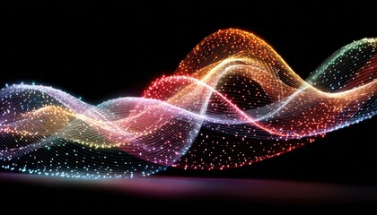 Flowing multicolored light particles form abstract waves against a black background