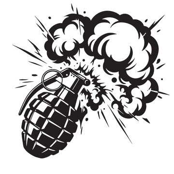 Illustration of a hand grenade exploding in a vector graphic style with smoke