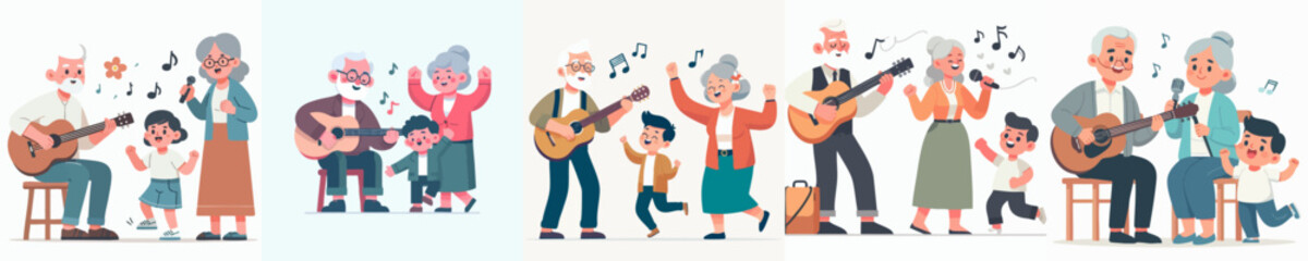Cheerful Flat Illustration of Grandparents Playing Music with Grandchildren Together