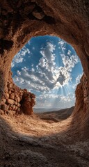 Cave opening, sunbeams, ancient ruins, panoramic view