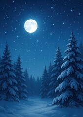 Serene snowy forest under moonlight.